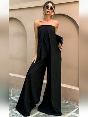ZARA Strapless Voluminous Linen Blend Wide Leg Jumpsuit in Black Size M